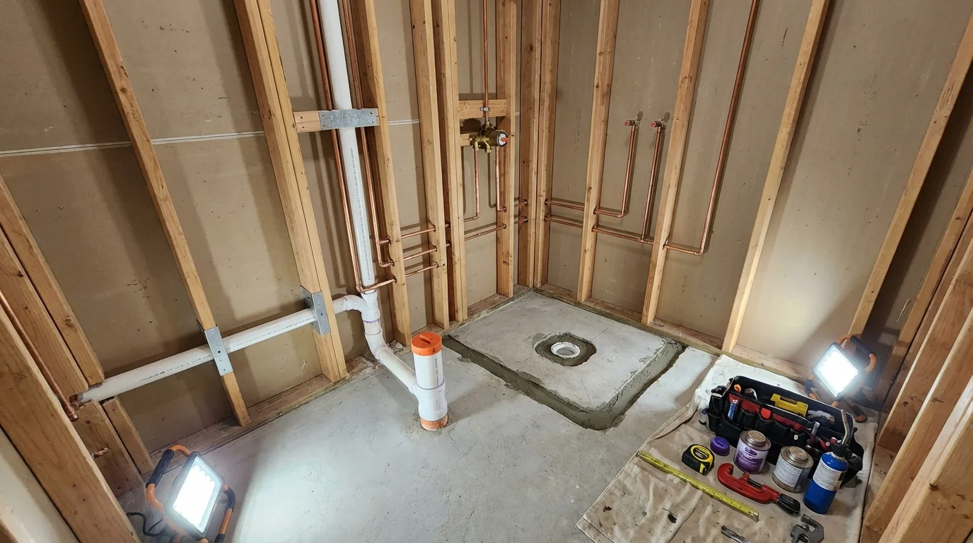 Bathroom rough-in plumbing during remodel by Johns Plumbing LLC in Narrows