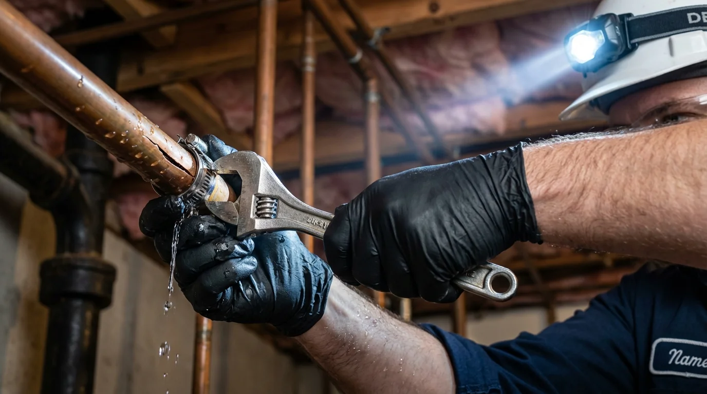 Emergency pipe clamp repair being performed by a Johns Plumbing LLC plumber in Narrows