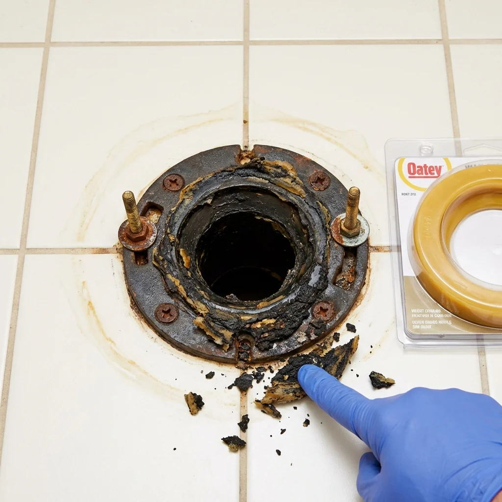 Failed wax ring showing water seepage at the base of a toilet in a Narrows, VA home