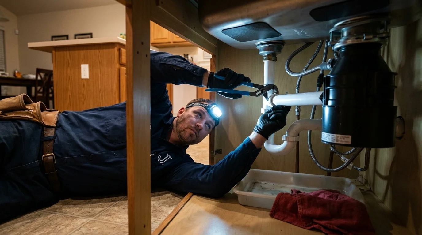P-trap and supply line connections under a kitchen sink showing a common leak point in Narrows, VA